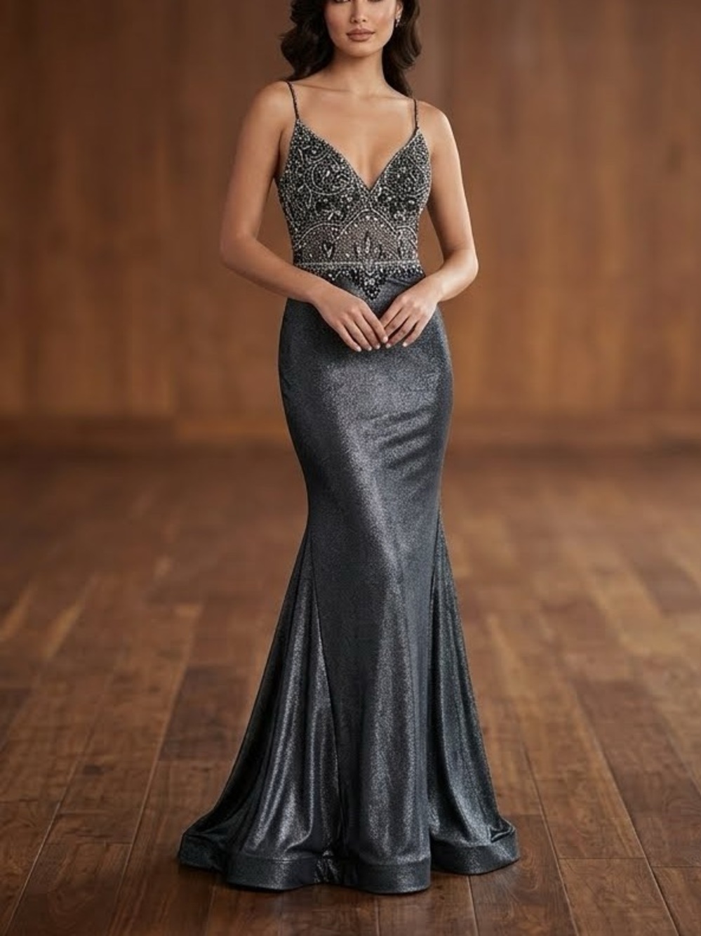 Lucci Lu Beaded Metallic Mermaid Gown V-Neck Prom Pageant Gala Dress Grey Black